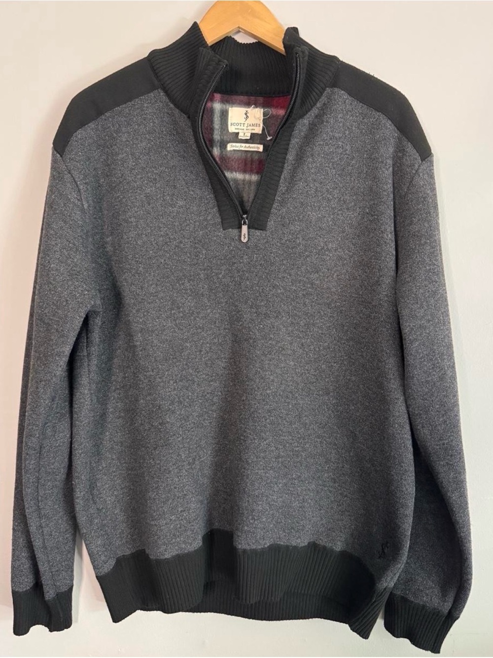 Scott James England Fleece Lined Gray Quarter Zip Sweater Large L